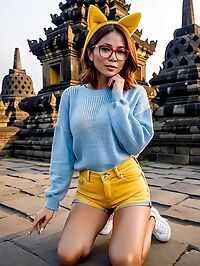 Tall brunette with shiny skin and DD boobs poses seductively near Borobudur