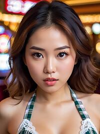 Malaysian girl with crimped hair in plaid halter top and lace panties plays slots